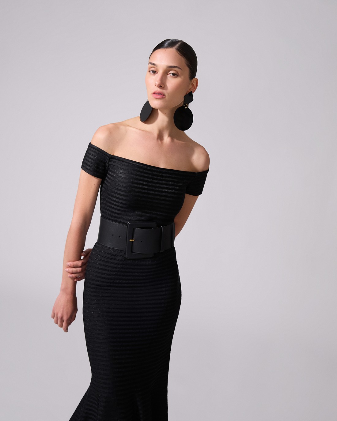 Stripe-Knit Off-Shoulder Trumpet Dress - Ready - To - Wear