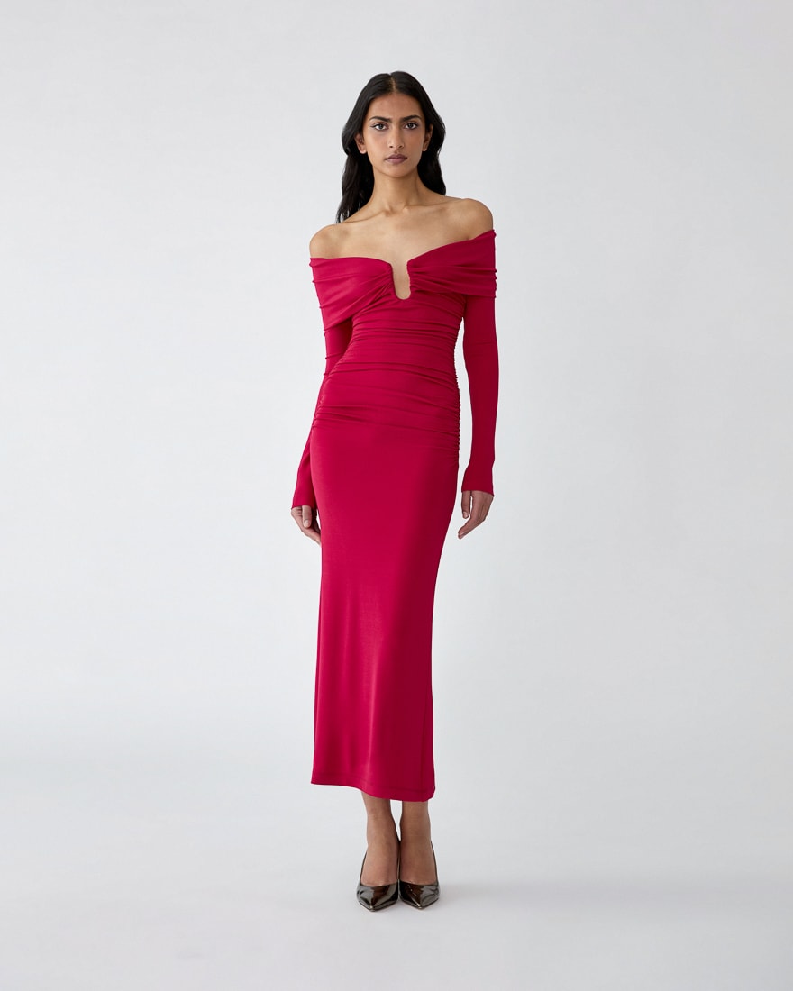 carolina herrera ruched off-the-shoulder midi dress Carolina Herrera