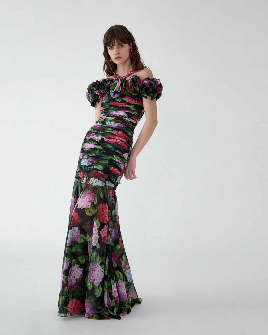 CAROLINA HERRERA ドレス サイズ0 緑・紫・黒のパターン Hydrangea-Print Chiffon Off-Shoulder Gown | Carolina Herrera ES