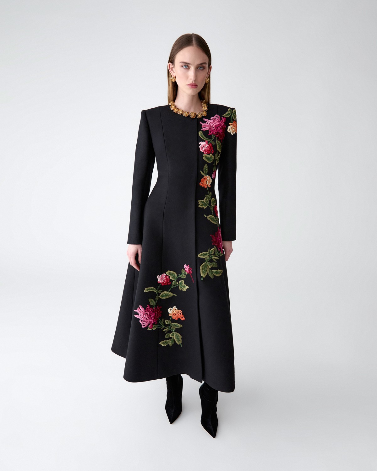 Carolina Herrera Chrysanthemum-Embroidered A-Line Coat