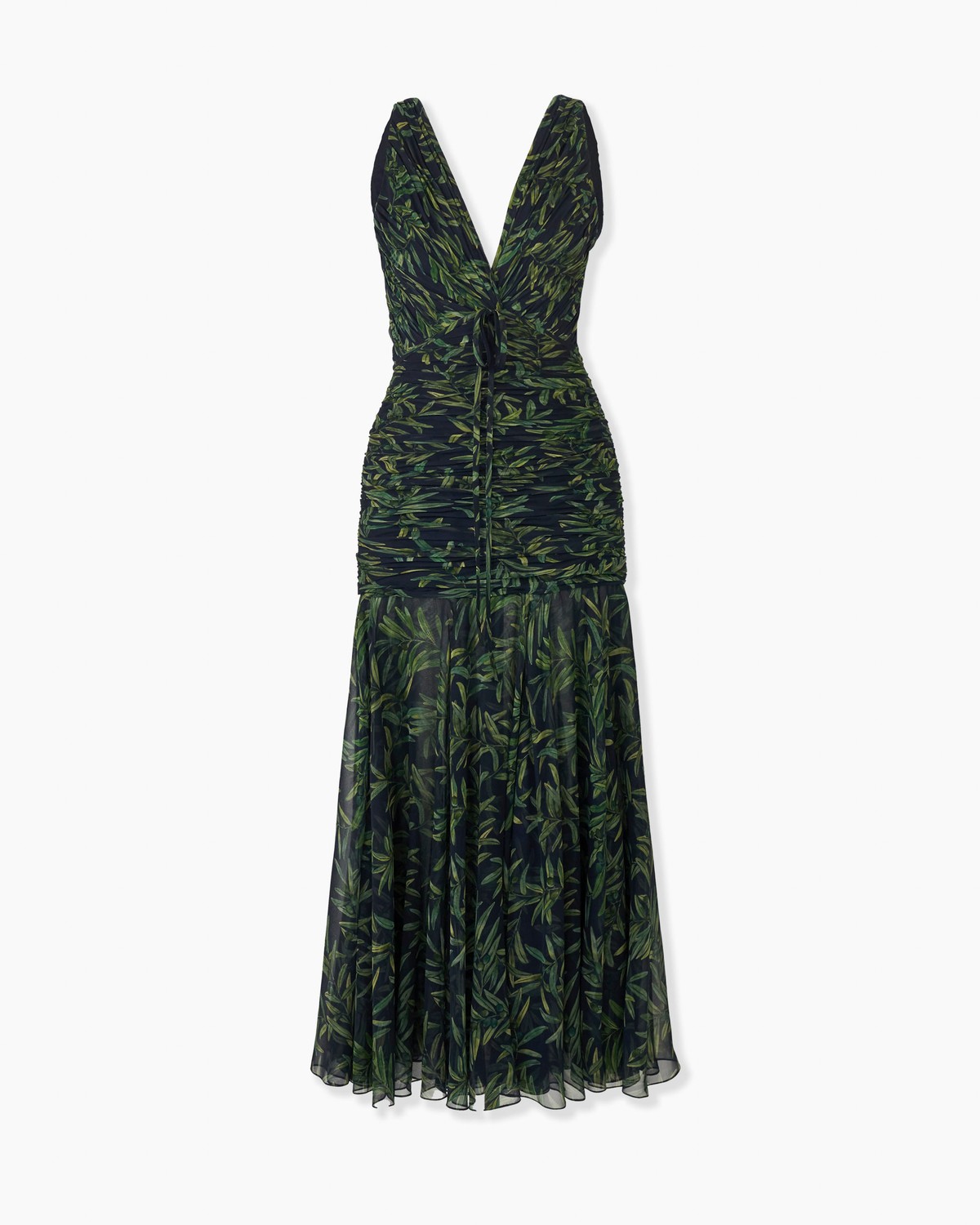 Carolina Herrera Olive Branch-Print Gathered Midi Dress