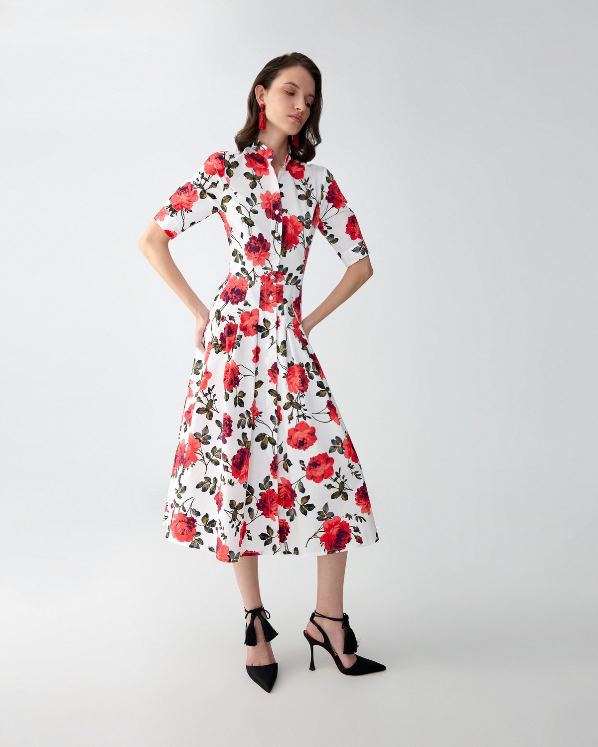 carolina herrera red shirt dress Carolina Herrera Denim Midi Shirt Dress - Women - Coral Dresses