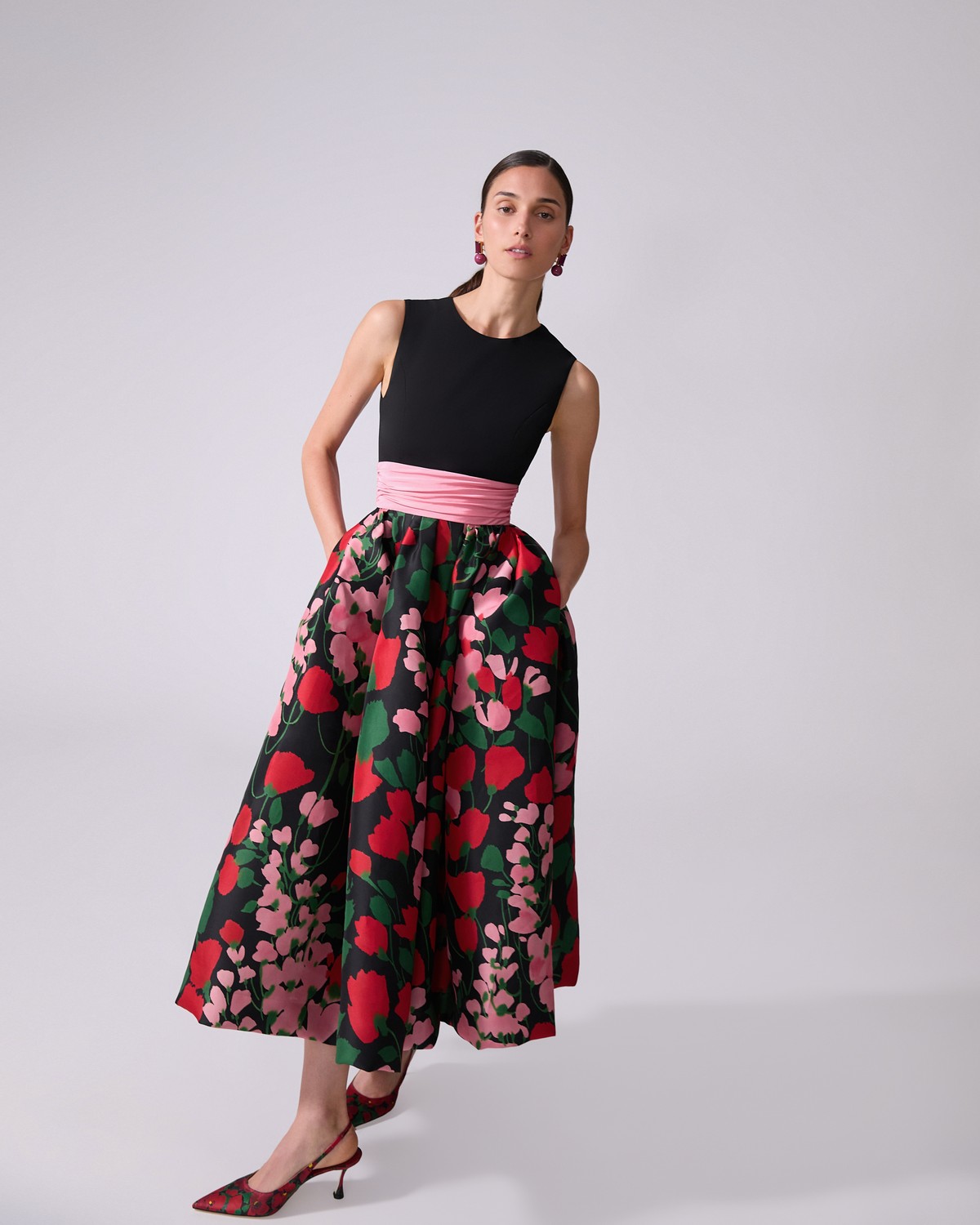 Floral-Print Cummerbund-Waist Dress - Ready - To - Wear