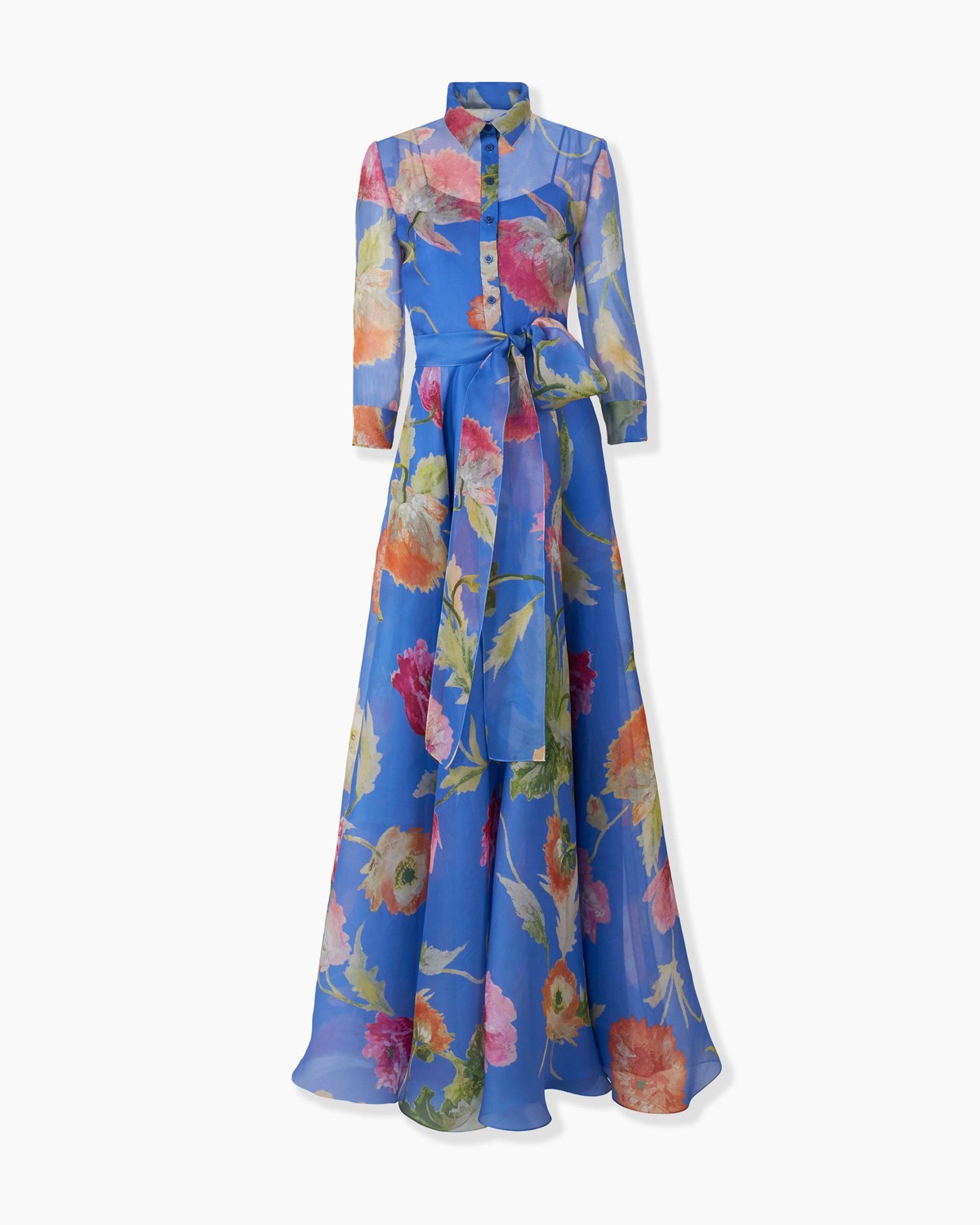 Carolina Herrera Belted Trench Silk Gown - Bluebell Multi
