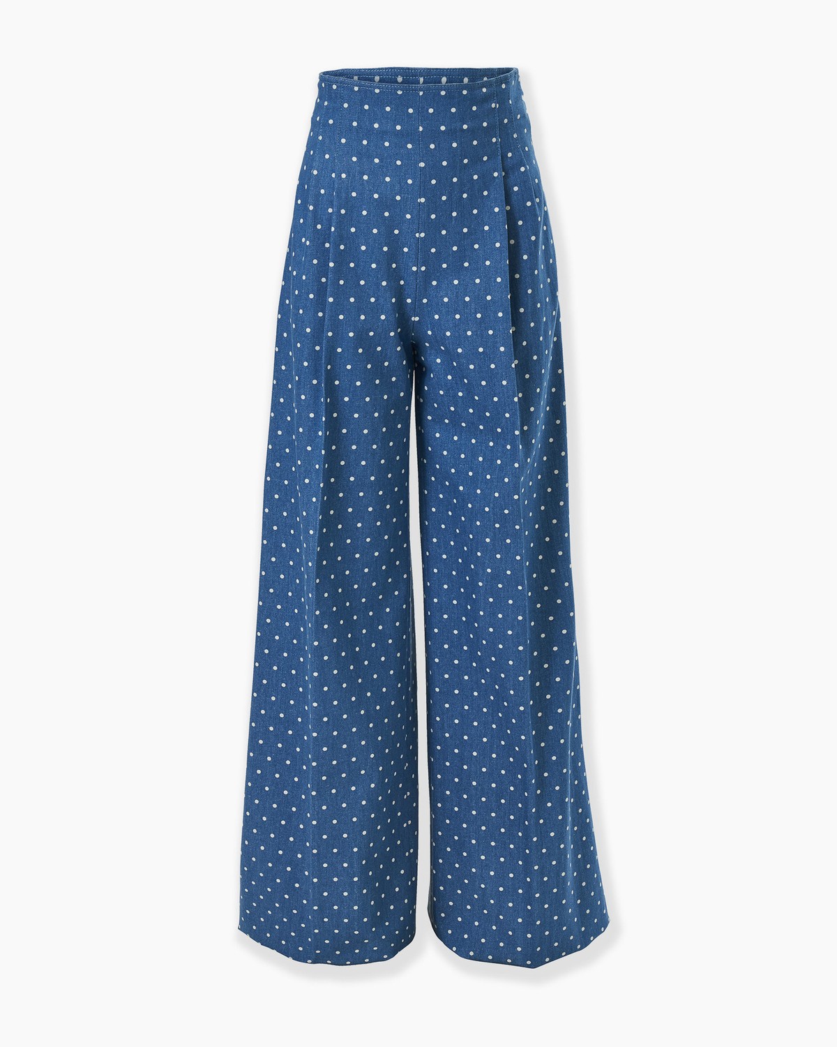 Calça pantalona Marisol em denim com estampa de poás | Carolina