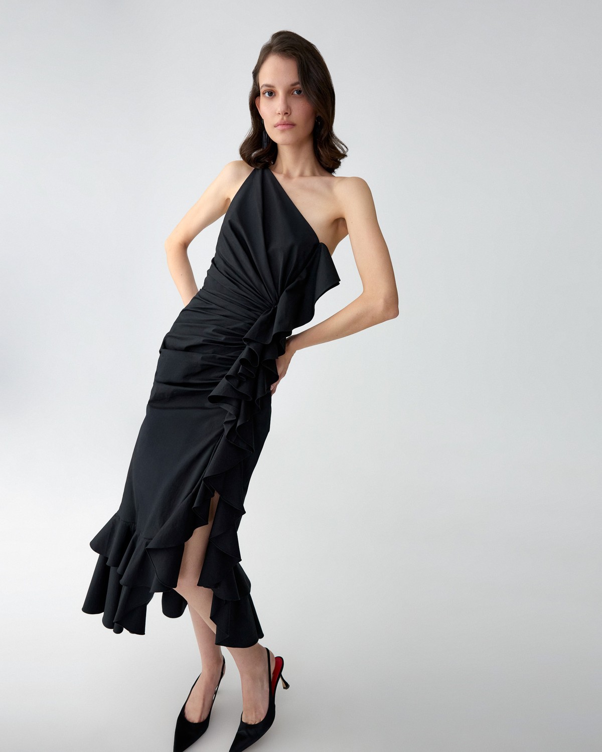 aubreigh wyatt birthday dress One Shoulder Asymmetric Ruched Maxi Dress Mist Grey / S