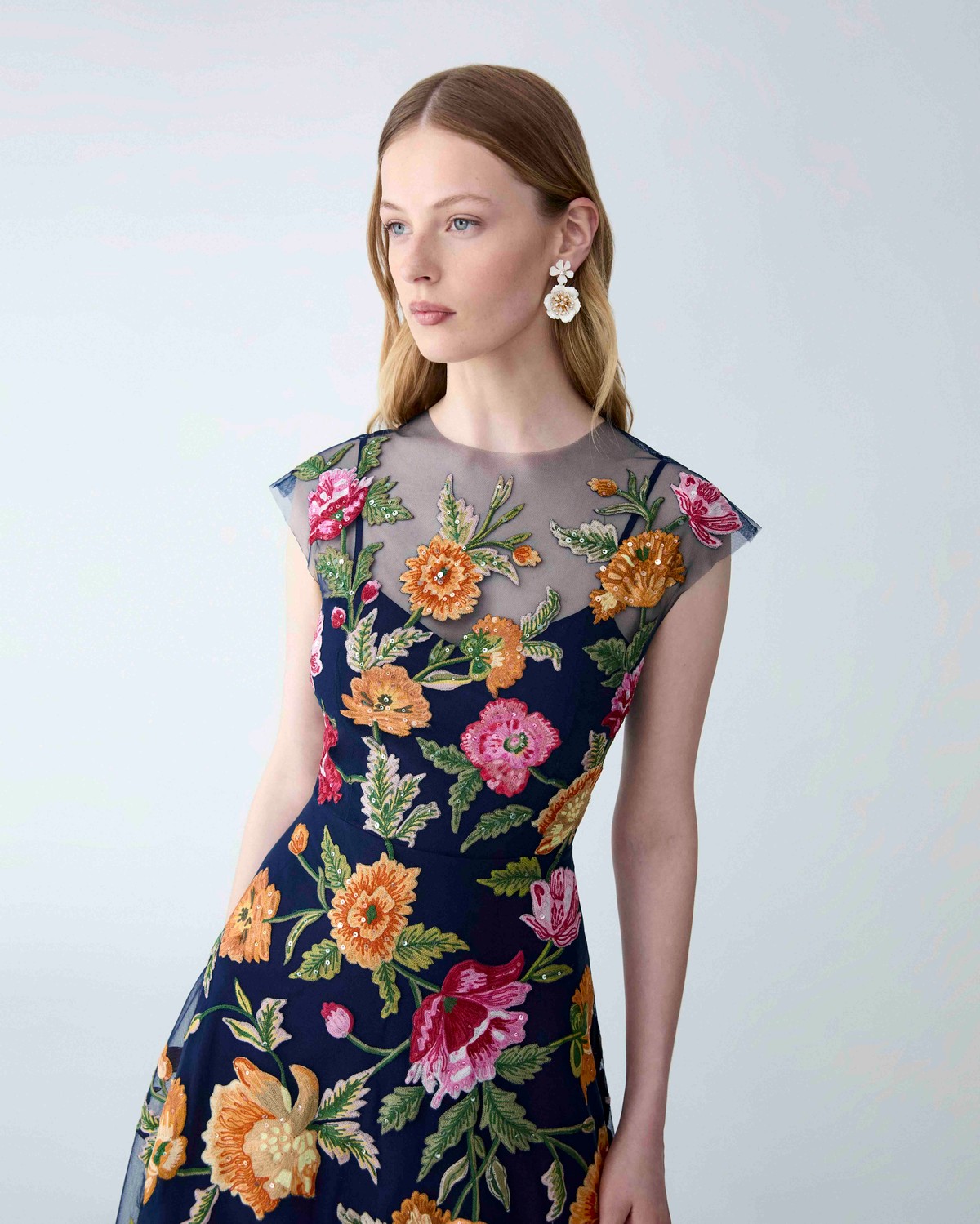 carolina herrera floral-embroidered tulle midi dress Carolina Herrera Embroidered Tulle Strapless Midi Dress