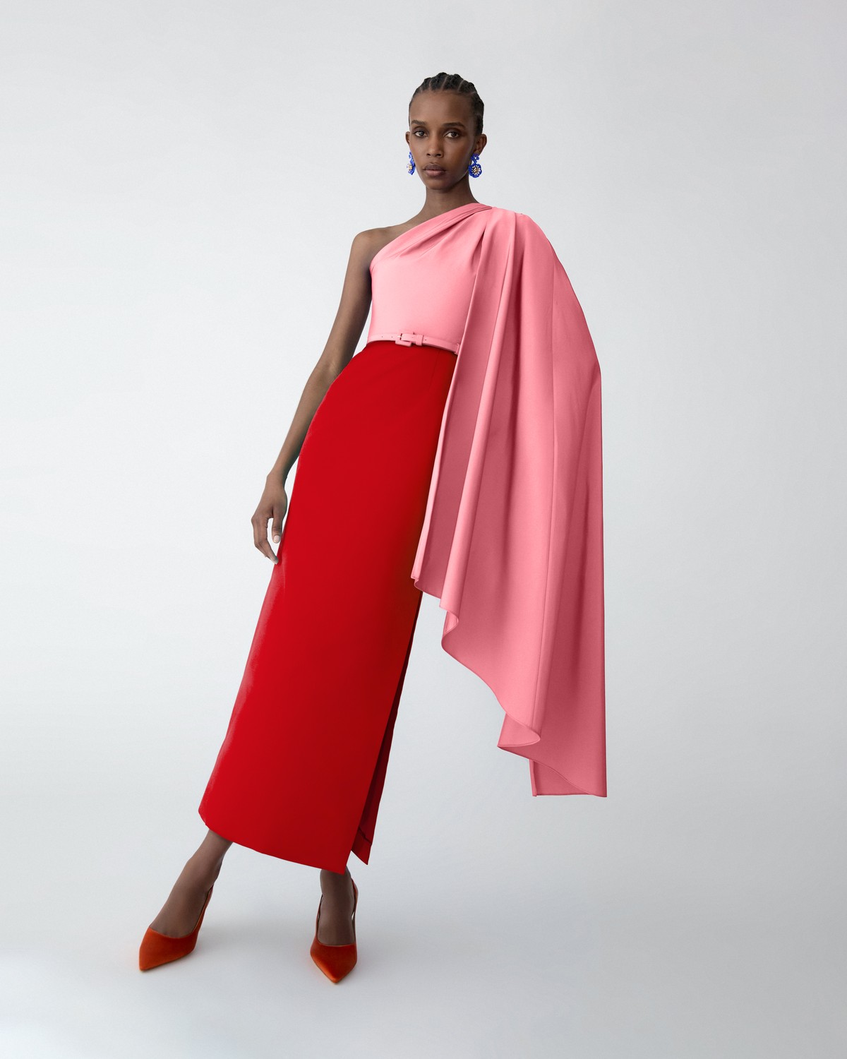 Carolina Herrera Color-Blocked Midi Dress with Detachable Cape