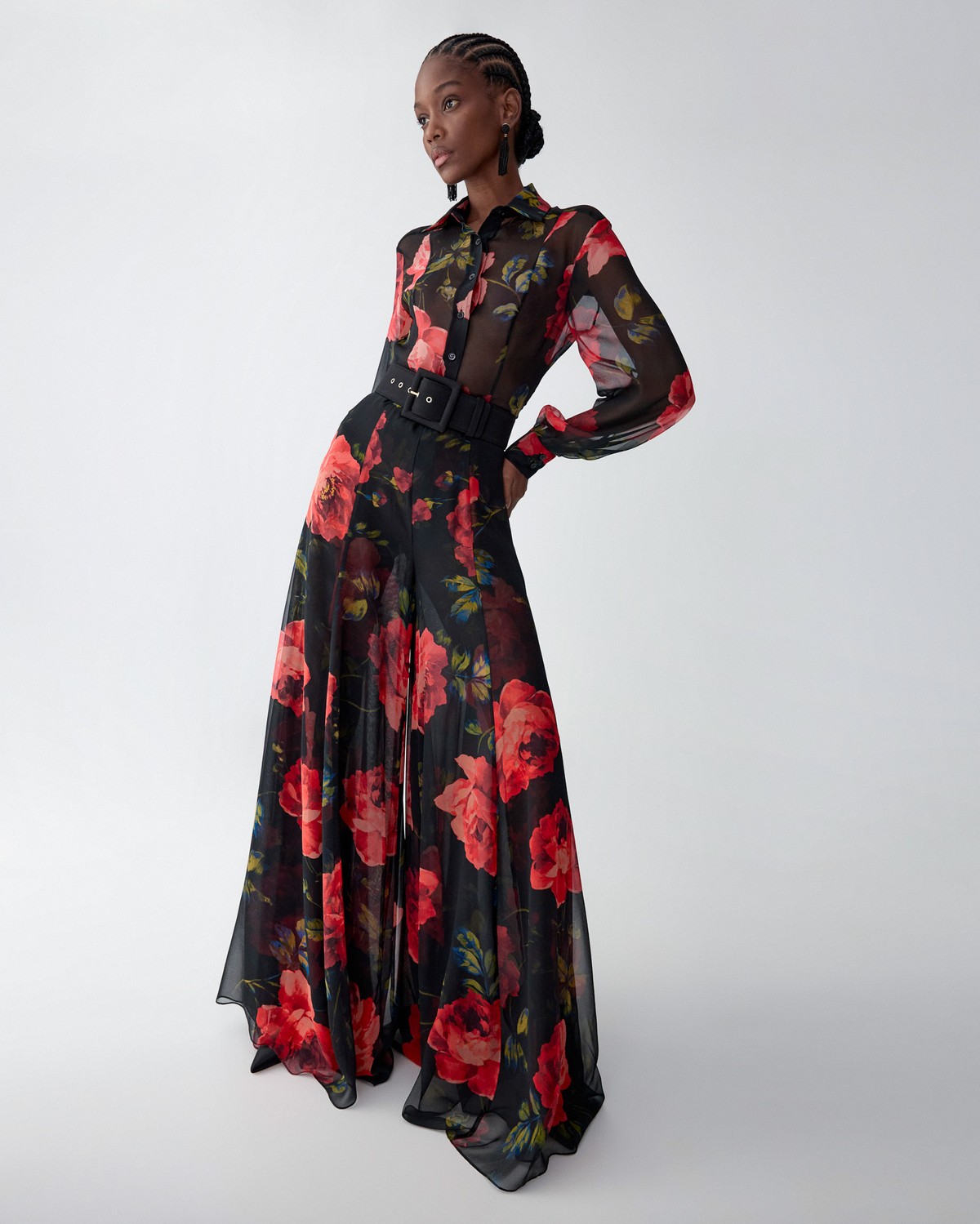 CAROLINA HERRERA ウエストリボン フレアワンピース S Rose-Print Extra-Wide-Leg Iris Pants | Carolina Herrera WW EN
