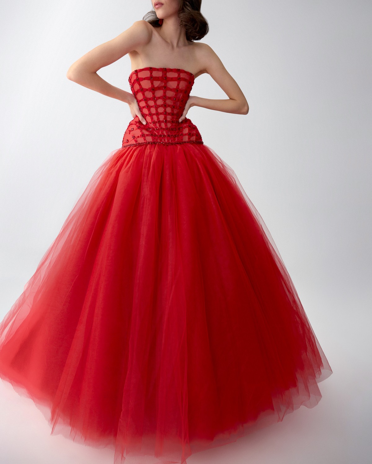 carolina herrera red tulle dress Carolina Herrera Crystal-Embroidered Strapless Gown