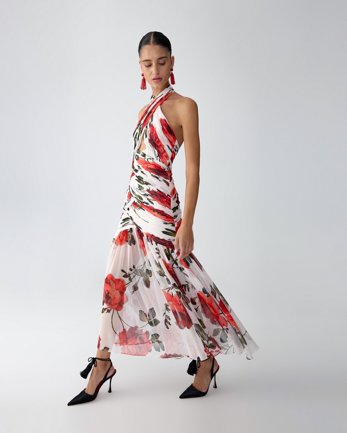 sachin and babi light blue dress Miss Selfridge chiffon lace trim maxi slip dress in oversized rose print main image 0