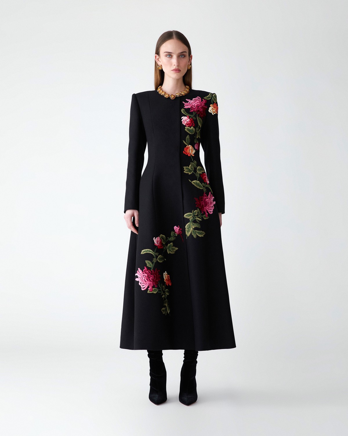 Chrysanthemum-Embroidered A-Line Coat - Ready To Wear | Carolina