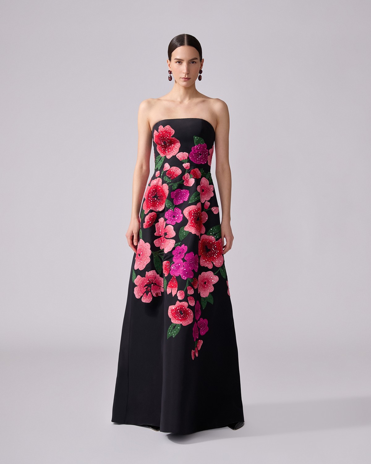 Carolina Herrera Floral-Embroidered Strapless A-Line Gown