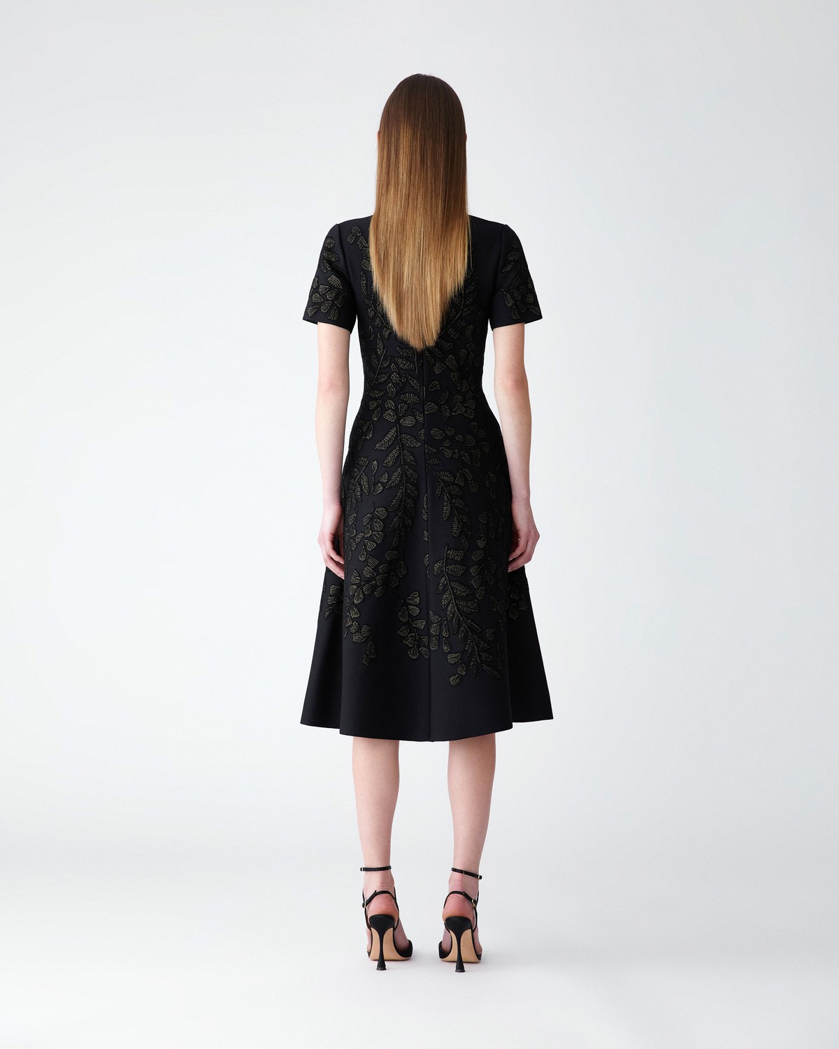 black dress with gold leaves Oscar de La Renta Leaf Embroidered Velvet Gown main image 1