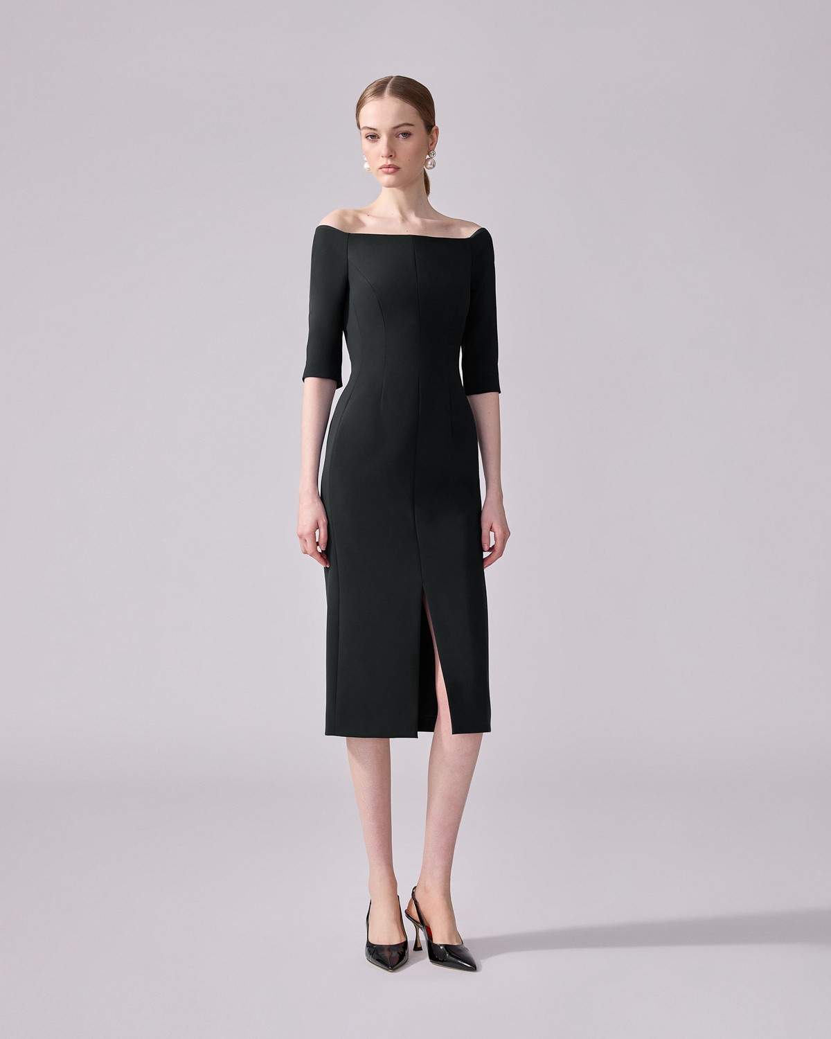formal dress shrug Ruched Off-Shoulder Midi Dress | Built-In Shapewear main image 1