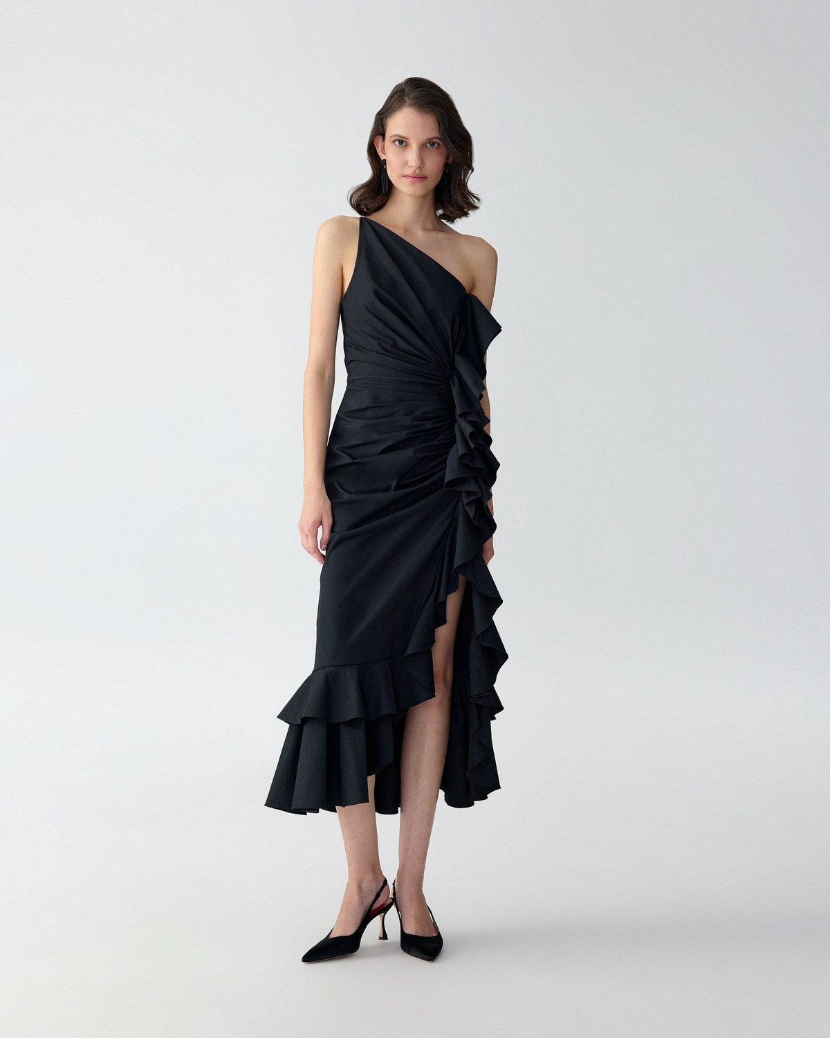Asymmetric Ruched Midi Dress with Ruffles | Carolina Herrera US