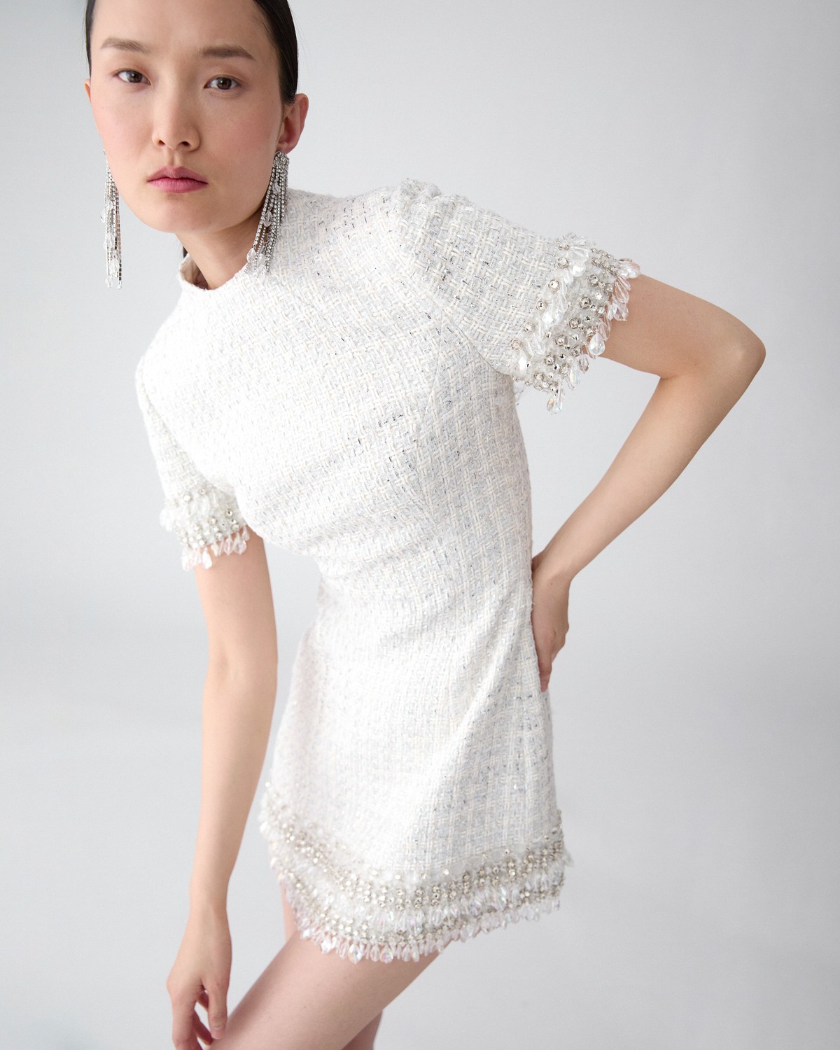 Tweed Mini Dress with Raindrop Embroidery - Ready - To