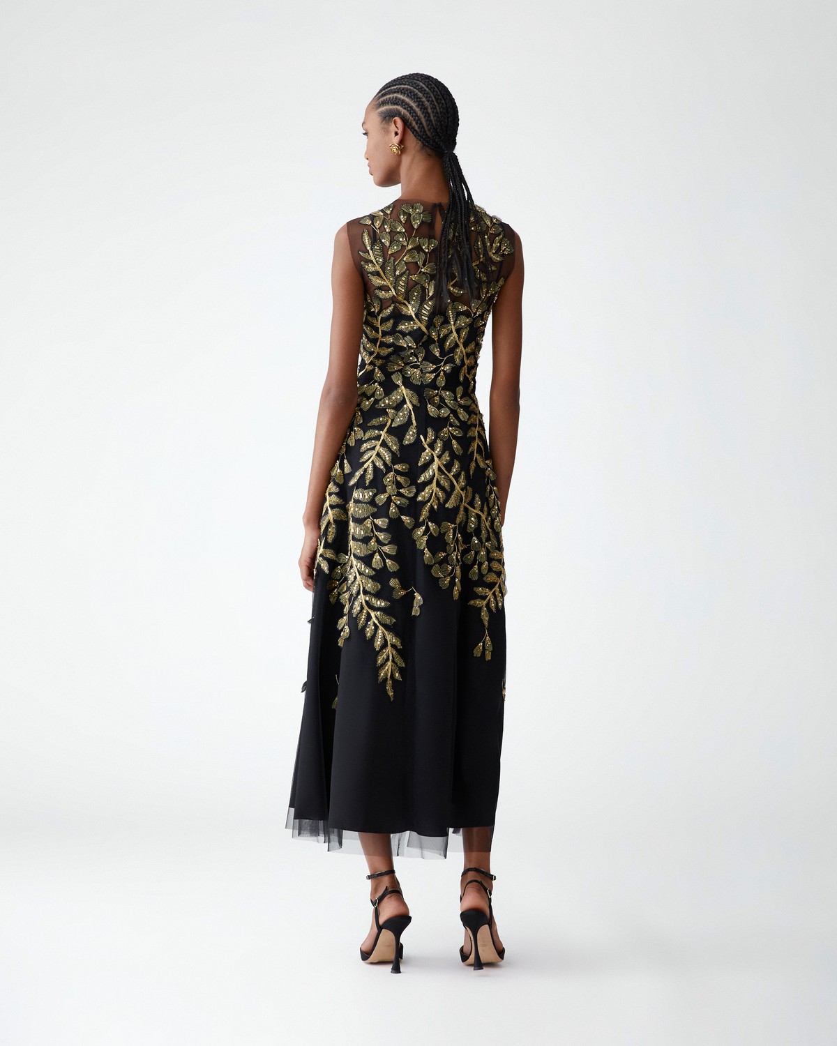 Carolina Herrera Gold Leaf-Embroidered Tulle Midi Dress