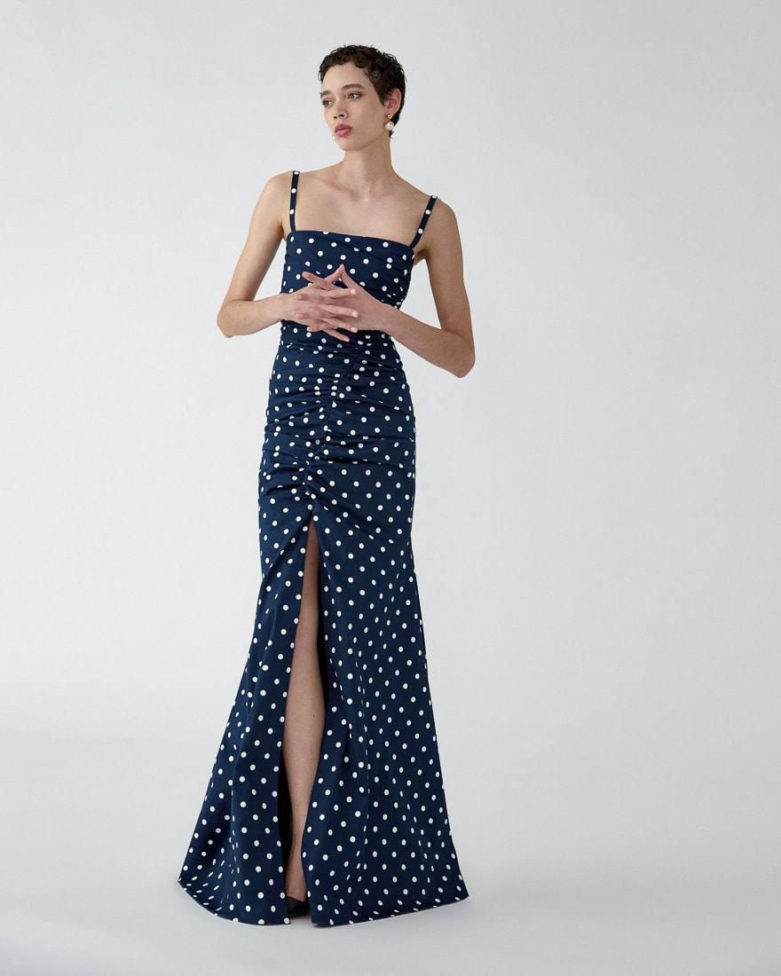 ruched polka dot maxi dress Carolina Herrera Polka Dot Ruched Gown