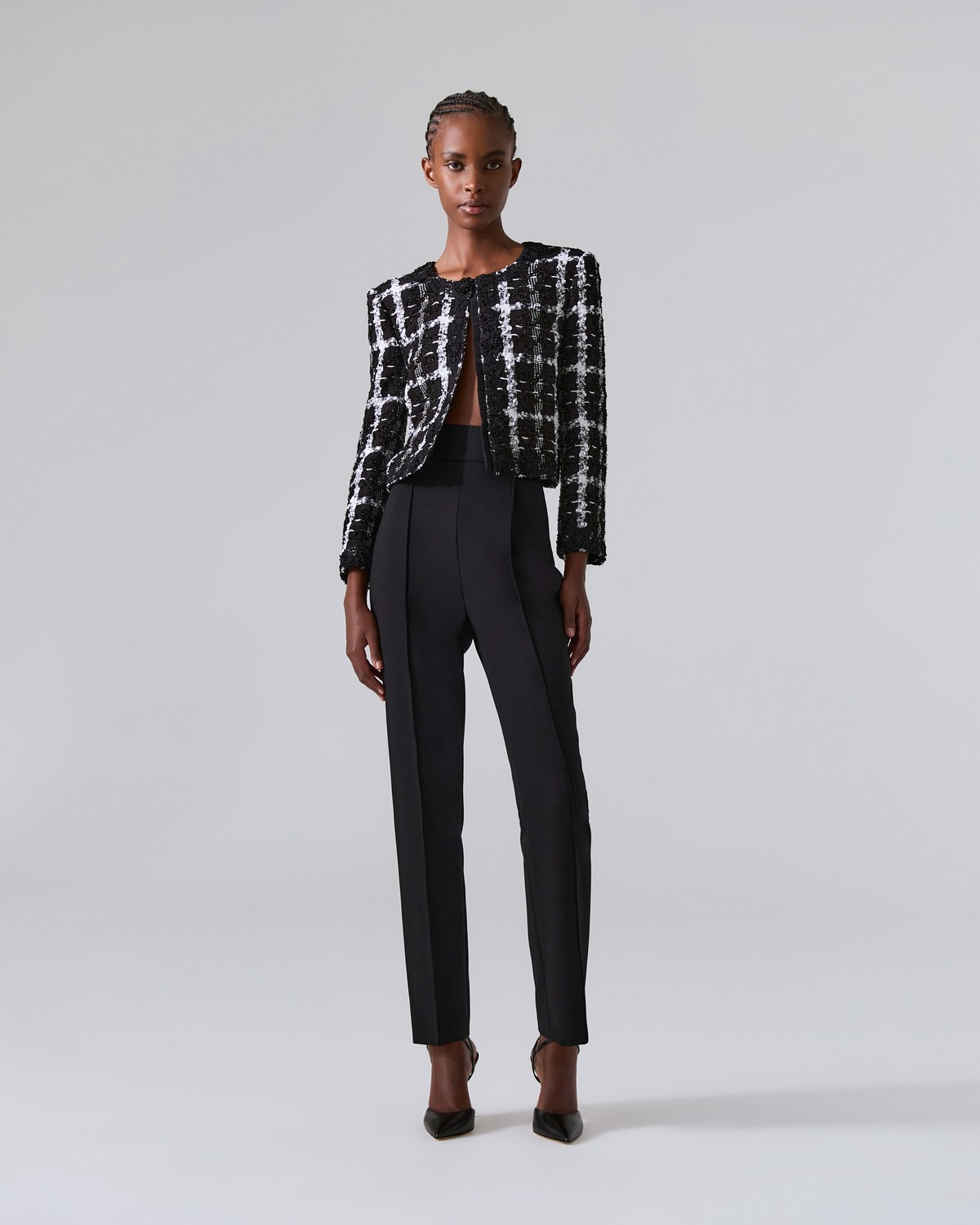 Collarless Lurex Tweed Jacket - Ready - To - Wear | Carolina