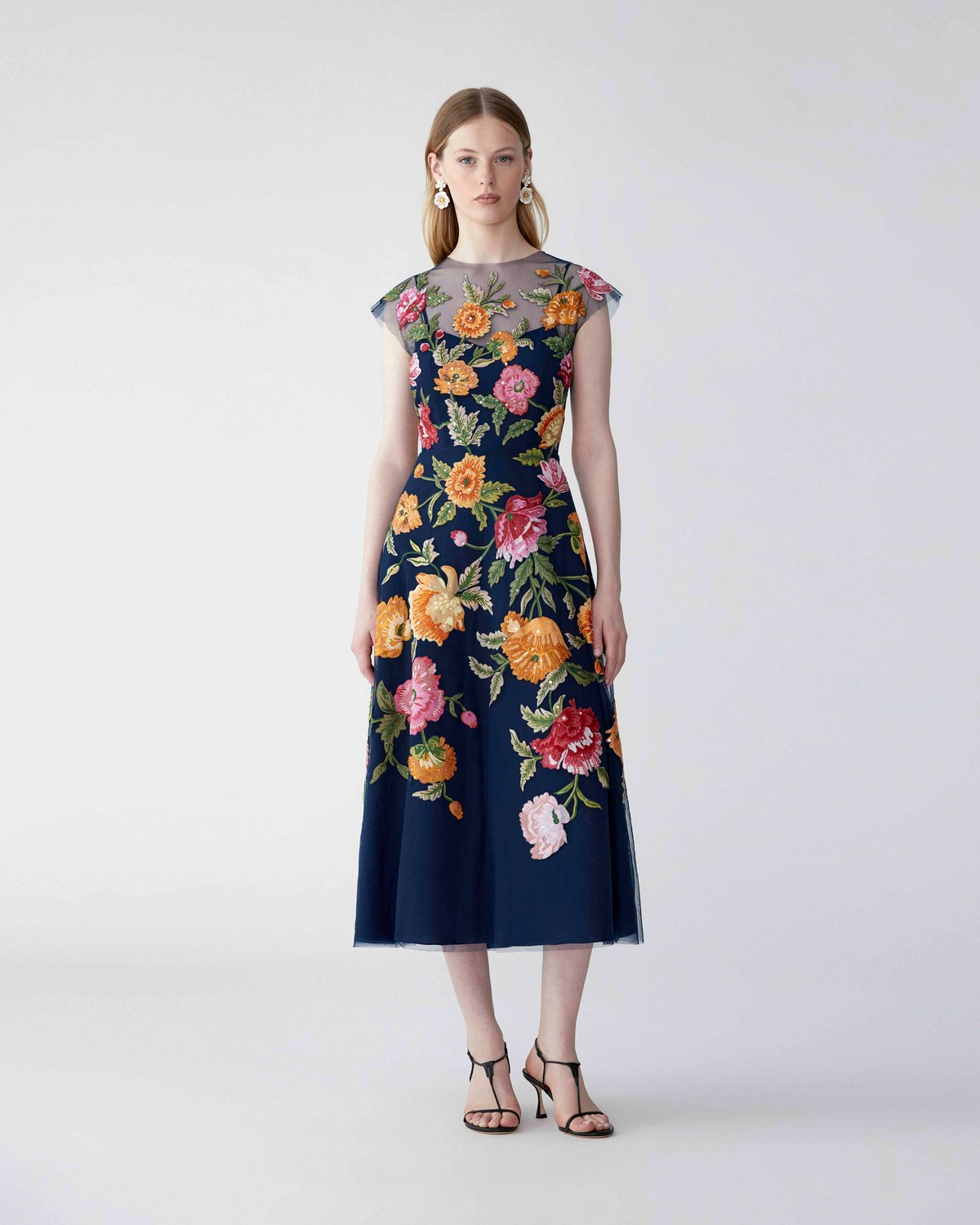 Carolina Herrera Floral-Embroidered Tulle Midi Dress Carolina Herrera Floral-Embroidered Tulle Midi Dress