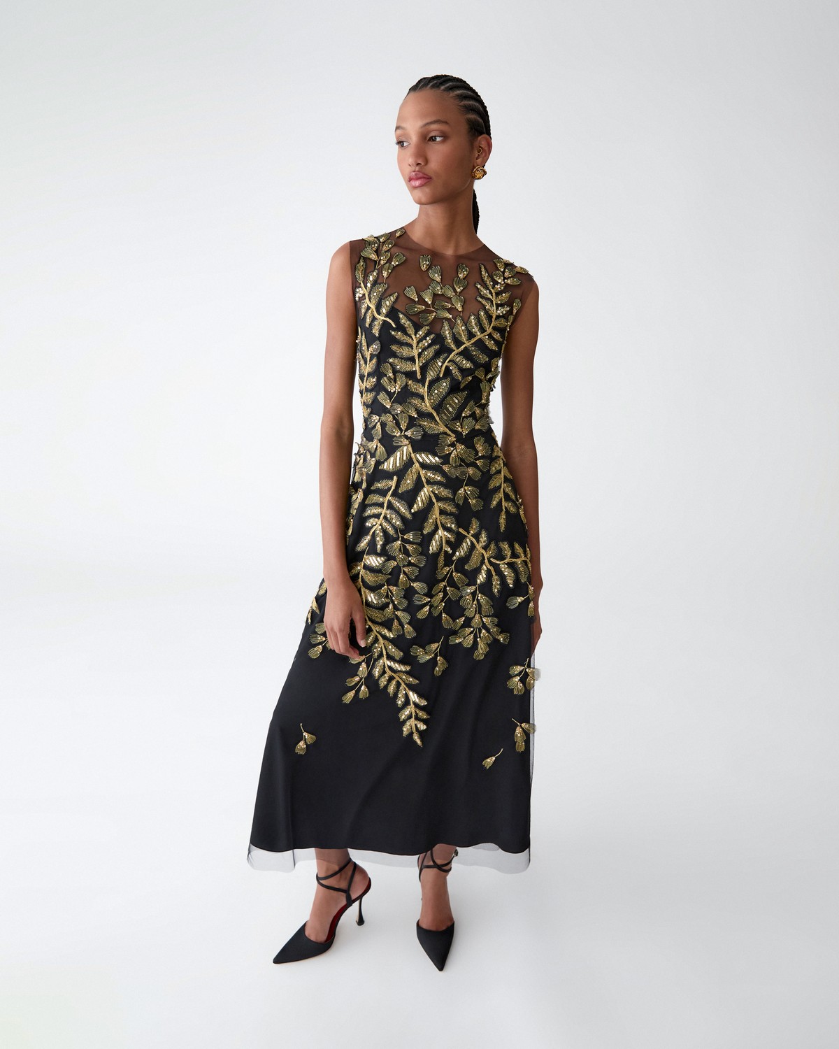 Carolina Herrera Gold Leaf-Embroidered Tulle Midi Dress Carolina Herrera Gold Leaf-Embroidered Tulle Midi Dress