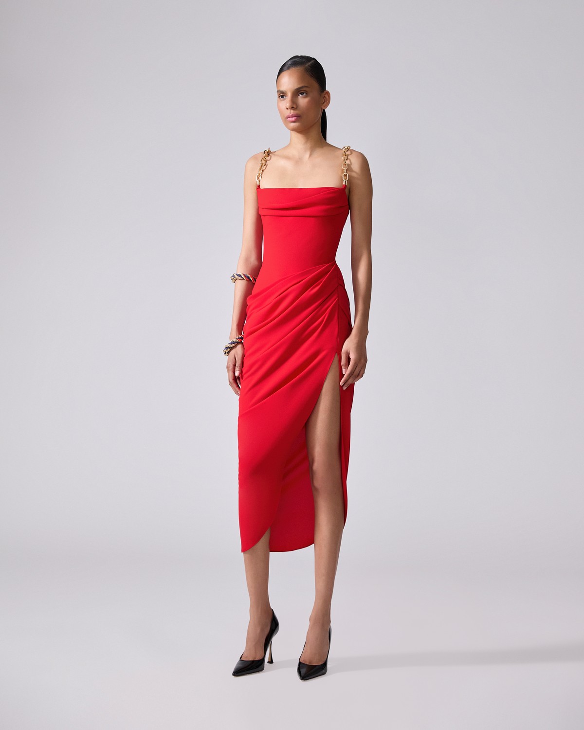 Chain-Strap Draped Midi Dress - Ready - To - Wear | Carolina