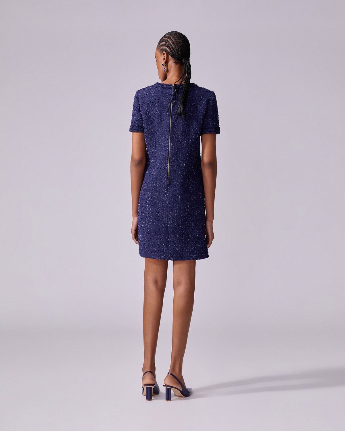 本日限定！herlipto Charlotte Tweed Dress navy SHEA Short Sleeve Shift Dress in Luxury Lurex Tweed – Santorelli