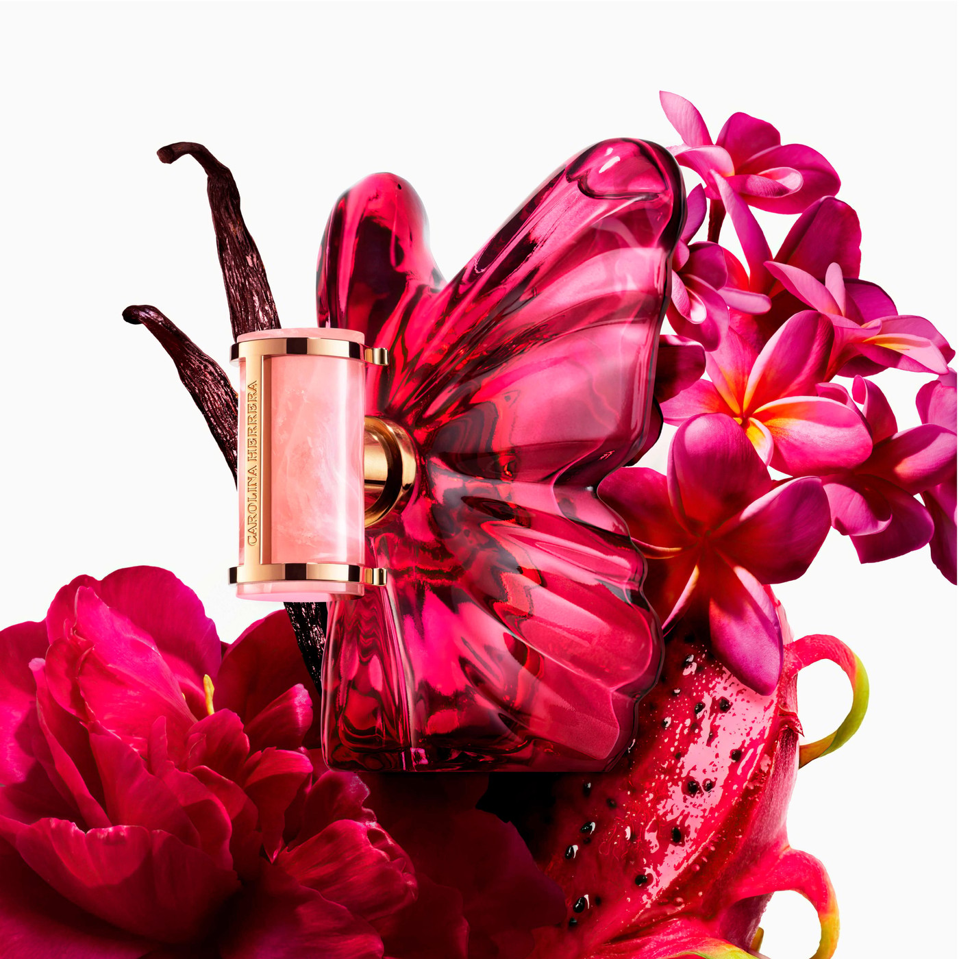 Flacon de parfum Carolina Herrera La Bomba avec pivoine cerise, pitaya exotique et vanille