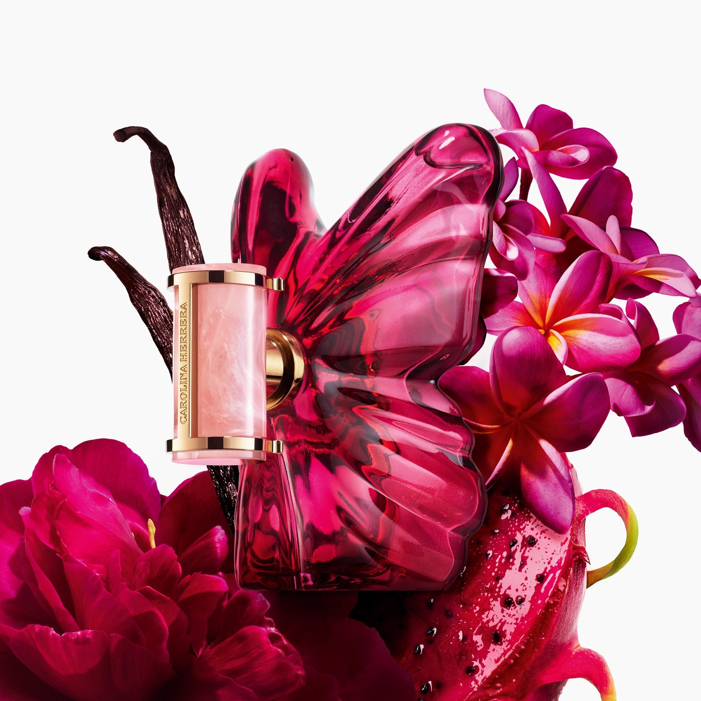 Flacon de parfum Carolina Herrera La Bomba avec pivoine cerise, pitaya exotique et vanille