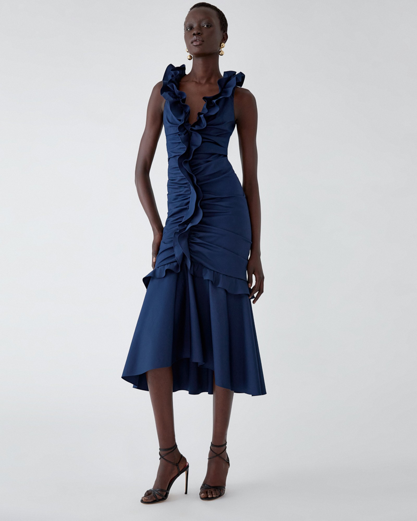 Ruched Midi Dress with Ruffles