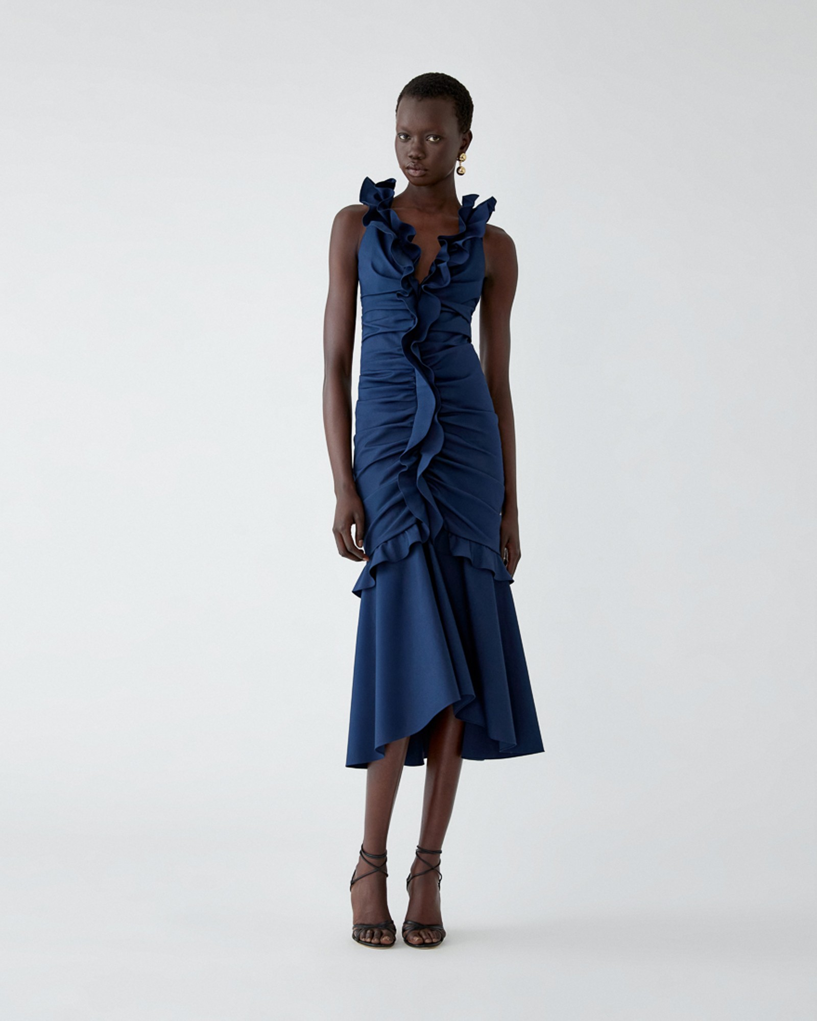 Ruched Midi Dress with Ruffles