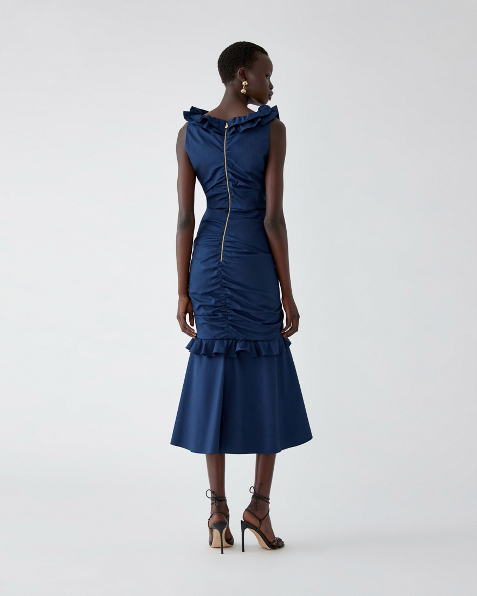 Ruched Midi Dress with Ruffles
