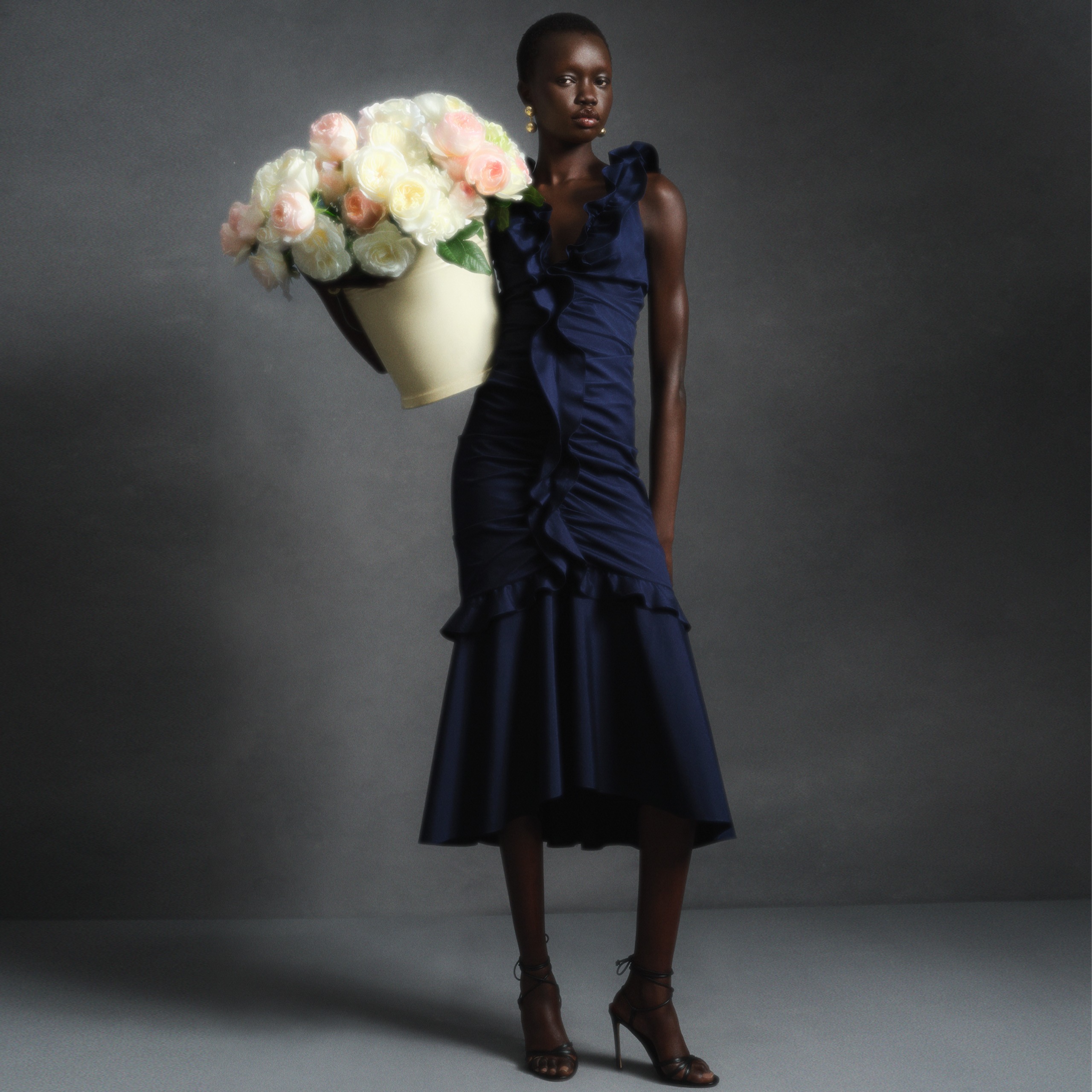 Ruched Midi Dress with Ruffles