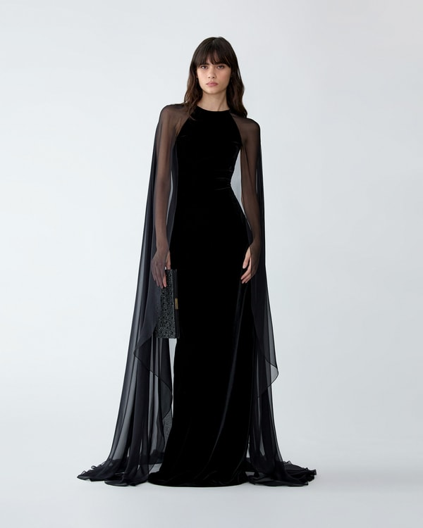 Stretch Velvet Column Gown with Cape