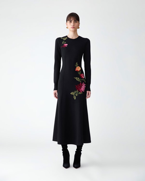 Chrysanthemum-Embroidered Midi Knit Dress