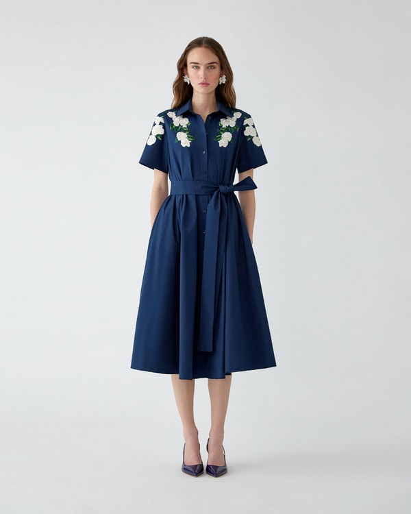 Floral-Embroidered Shirt Dress