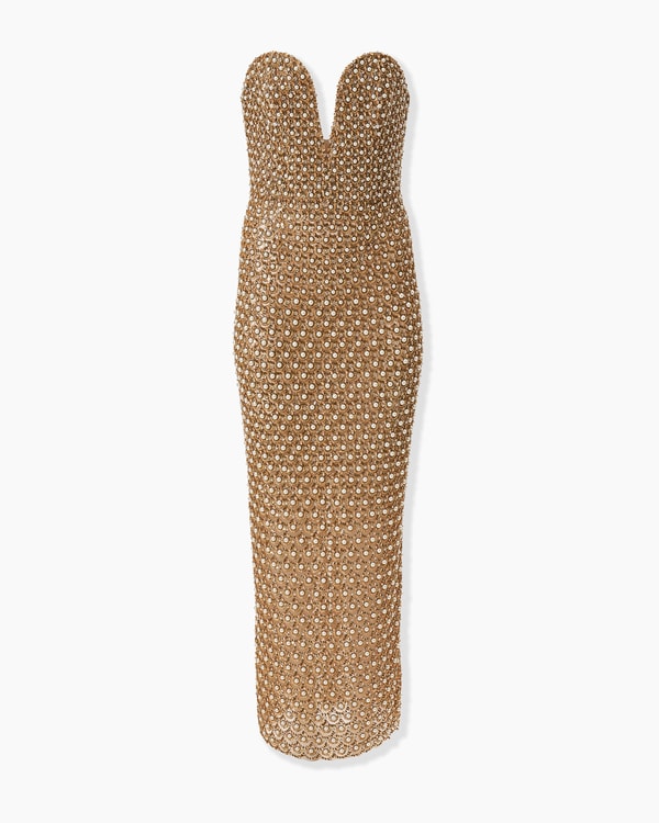 Gold Embellished Deep V-Neck Dress