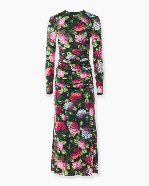 Hydrangea-Print Jersey Ruched Dress