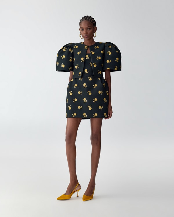 Carnation Jacquard Bell-Sleeve Cropped Jacket