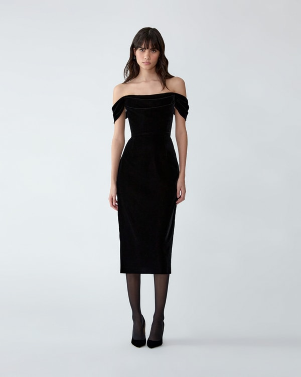 Off-Shoulder Stretch Velvet Midi Dress