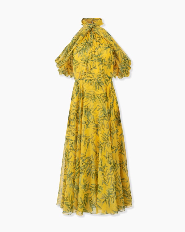 Olive Branch-Print Halterneck Midi Dress