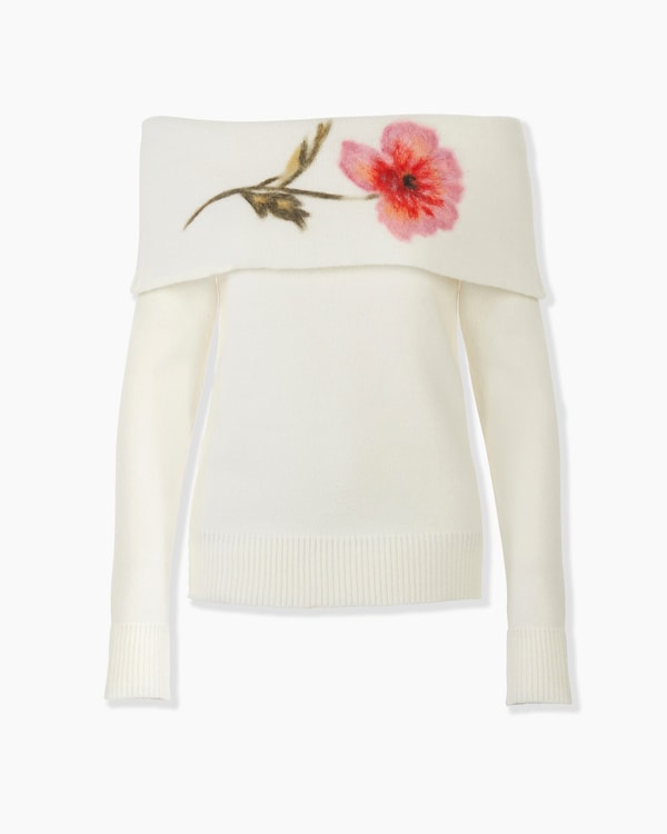 Floral-Embroidered Off-Shoulder Sweater