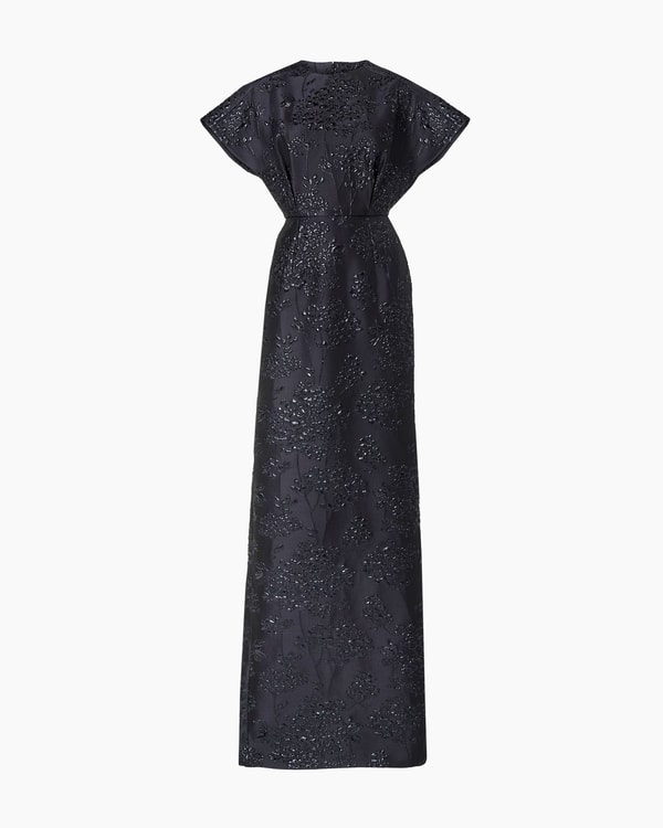 Floral Lurex Jacquard Fan Bodice Gown