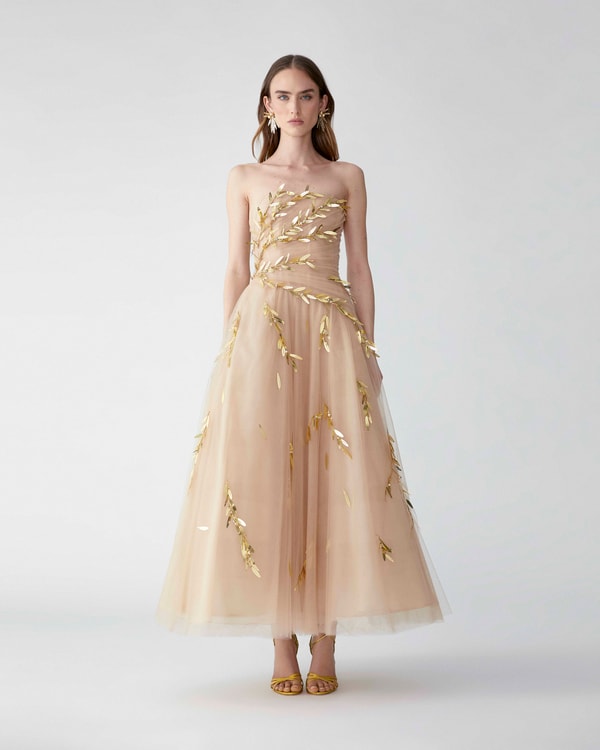 Embroidered Tulle Strapless Midi Dress