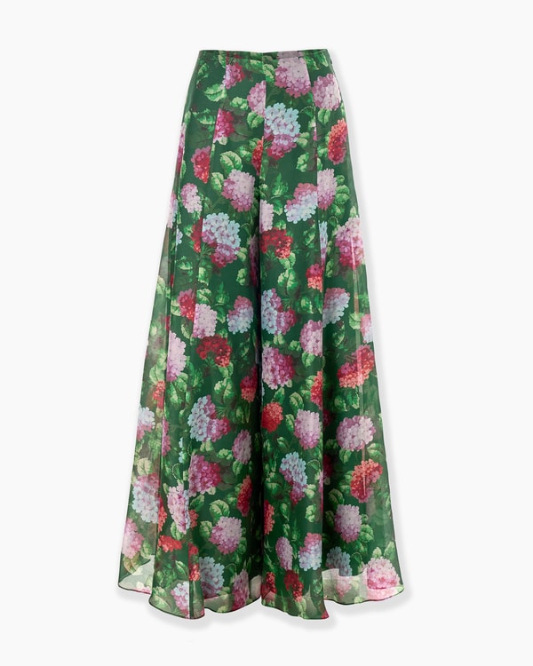Hydrangea-Print Organza Iris Pants
