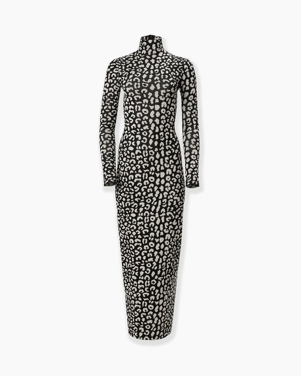 Leopard-Patterned Jacquard Turtleneck Dress