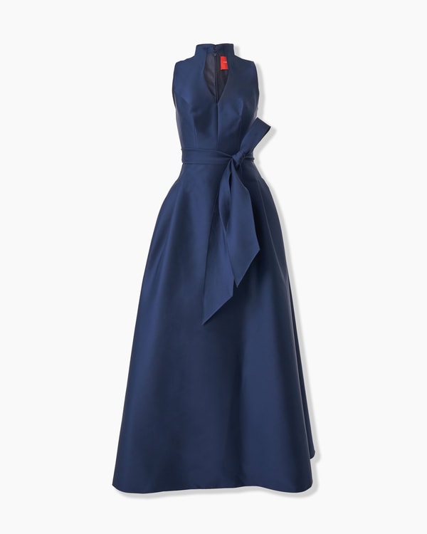 V-Neck Gown with Stand Collar and Self Belt