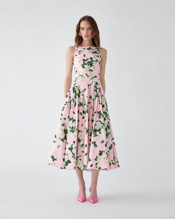 Rose-Print Midi Dress
