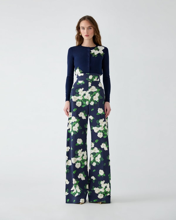 Rose-Print Wide-Leg Diane Pants